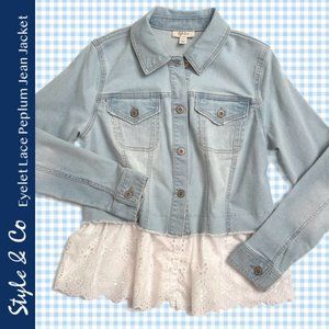 Style&Co Light Blue Denim Jacket With Eyelet Lace Peplum NWT Size S